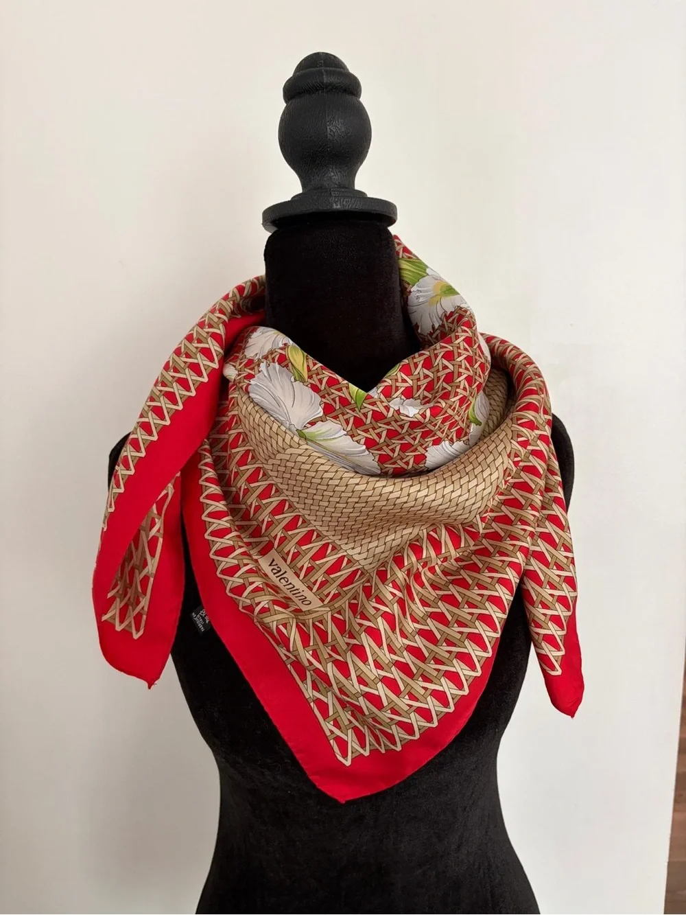 Valentino Silk Scarf Red White Floral Hand Rolled Made In Italy